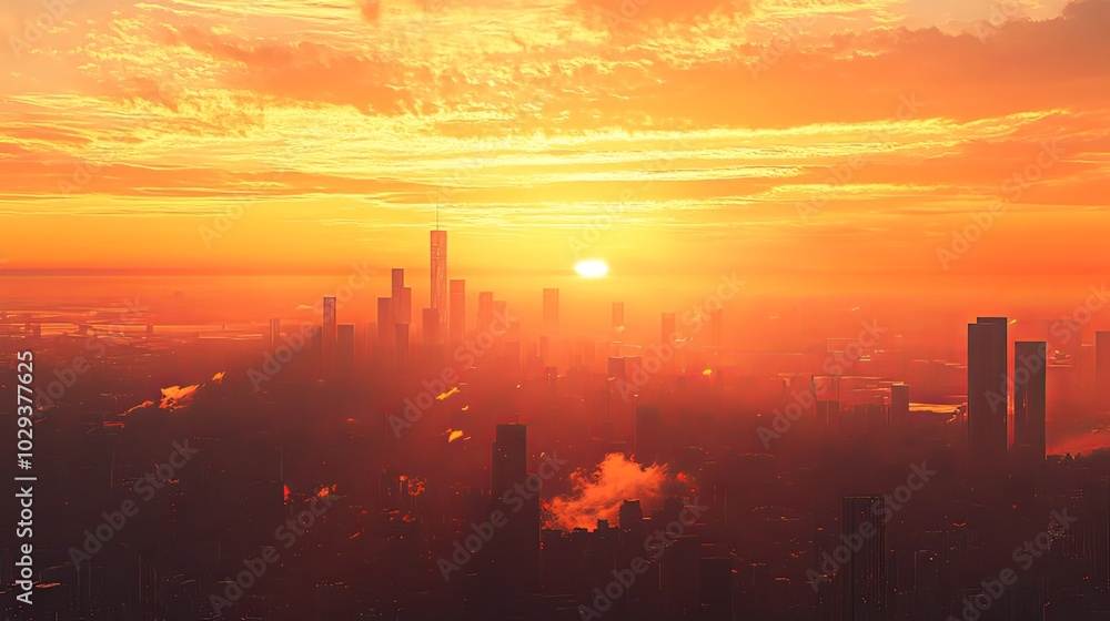Aerial view of a city skyline during sunset with glowing orange skies. Aerial view of a city skyline during sunset with glowing orange skies.