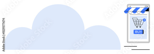 Smartphone with a shopping cart icon and Buy button against a large blue cloud. Ideal for online shopping, mobile commerce, cloud computing, e-commerce apps, digital marketplace. Minimalist style