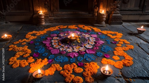 A vibrant Diwali celebration: Colorful floral rangolis and candles create a warm atmosphere. Fstival of lights .. For greeting card, banner, poster for Indian holidays photo