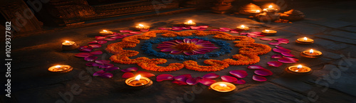 A vibrant Diwali celebration: Colorful floral rangolis and candles create a warm atmosphere. Fstival of lights .. For greeting card, banner, poster for Indian holidays photo