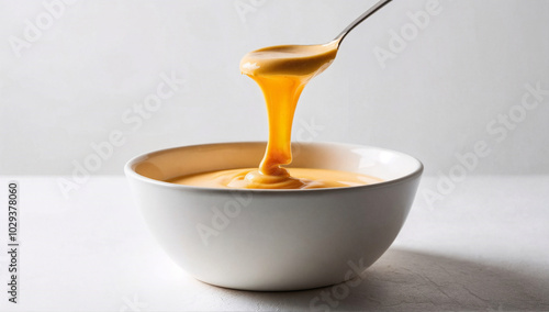 Creamy cheese sauce dripping from a spoon into a bowl, food photography concept