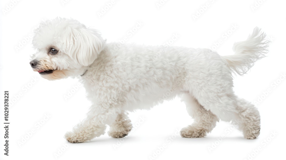 Fototapeta premium A playful white dog walking gracefully, showcasing its fluffy fur and cheerful demeanor in a bright, clean environment.