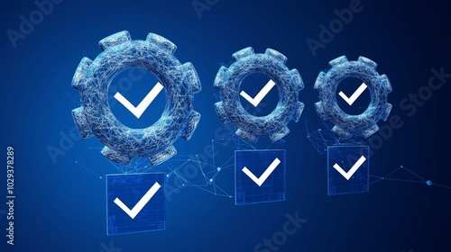 A detailed depiction of gears and checkmarks symbolizing technological automation, success, and verification in modern digital systems and high-tech machinery, Gnerative Ai photo