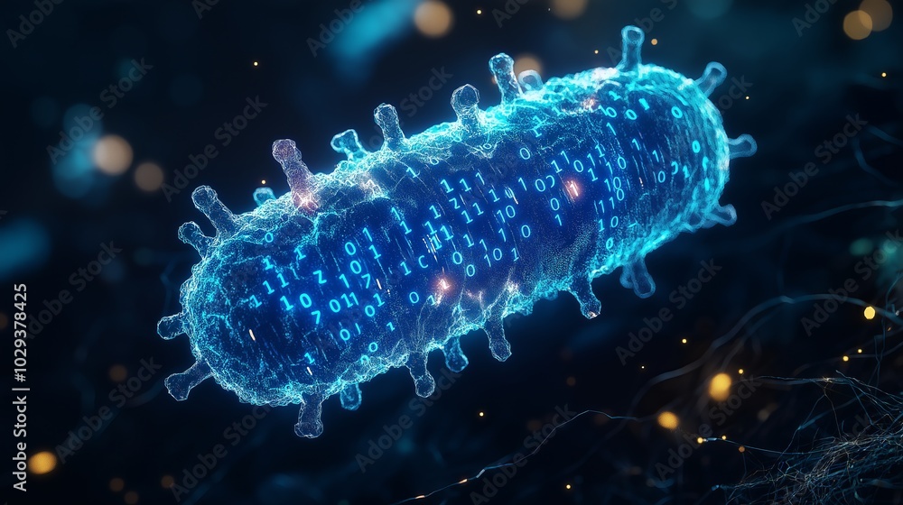 A futuristic digital virus shaped like a glowing bacterium with binary code, representing the risks of malware, cyber threats, and data breaches in a high-tech world, Gnerative Ai A futuristic digital virus shaped like a glowing bacterium with binary code, representing the risks of malware, cyber threats, and data breaches in a high-tech world, Gnerative Ai