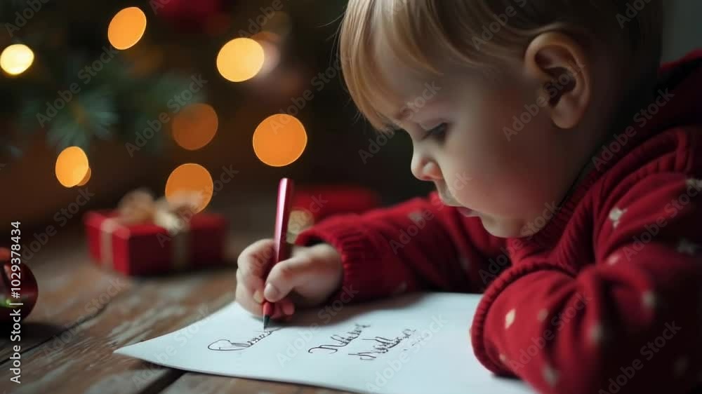 A young child sits at a table, writing a heartfelt letter to Santa Claus, filled with Christmas wishes. The festive atmosphere brings warmth and excitement for the holiday season. High quality FullHD A young child sits at a table, writing a heartfelt letter to Santa Claus, filled with Christmas wishes. The festive atmosphere brings warmth and excitement for the holiday season. High quality FullHD