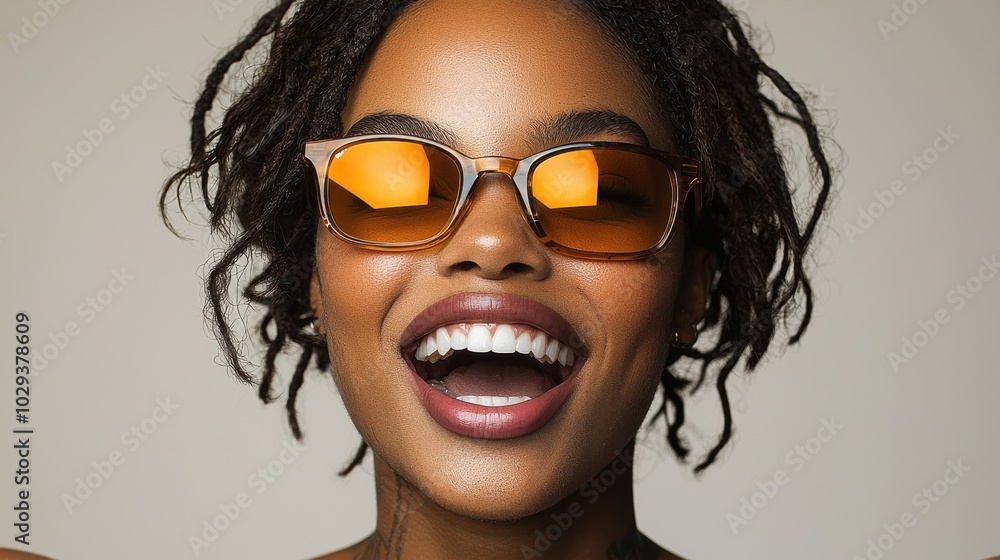 A joyful woman with sunglasses and dreadlocks smiles brightly against a neutral background, showcasing her radiant personality and style A joyful woman with sunglasses and dreadlocks smiles brightly against a neutral background, showcasing her radiant personality and style