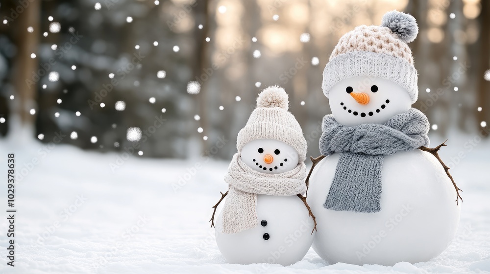 A charming trio of snowmen, featuring a baby in the center, adorned with hats and scarves, enjoy a serene winter day as snowflakes gently fall around them A charming trio of snowmen, featuring a baby in the center, adorned with hats and scarves, enjoy a serene winter day as snowflakes gently fall around them