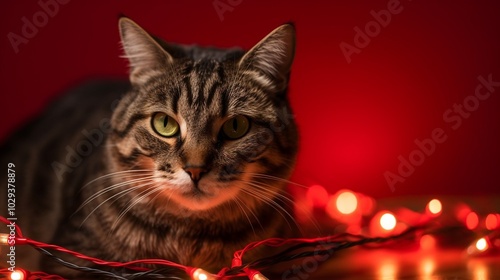 White cat tangled in garland on black background