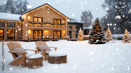 A man in a black jacket relaxes on the porch of a cozy cabin, sipping coffee and watching snowflakes fall on a winter day, surrounded by festive decor and trees photo