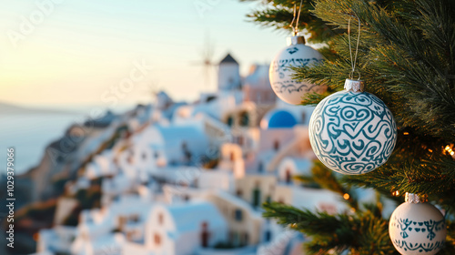 Christmas tree with white and blue ornaments against the backdrop of a Mediterranean island panoram