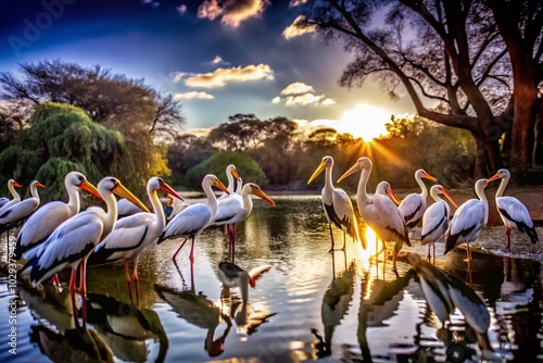 Yellowbilled Storks Gathering at a Serene Waterhole in Nature's Splendor photo