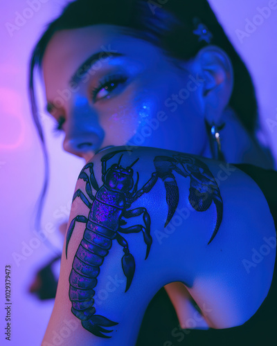 A woman poses with a striking scorpion tattoo on her arm.