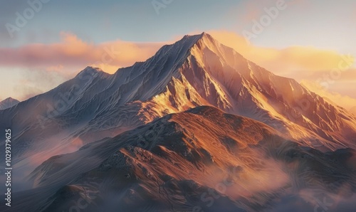 Mountain peak bathed in golden light during sunrise, 4K hyperrealistic photo