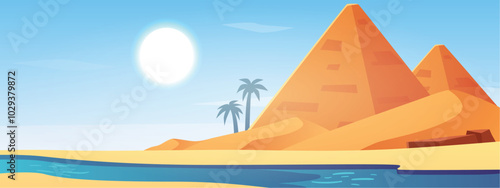 Desert landscape with golden sand dunes, Egyptian pyramids and Nile river, vector cartoon sunrise hot dry African nature