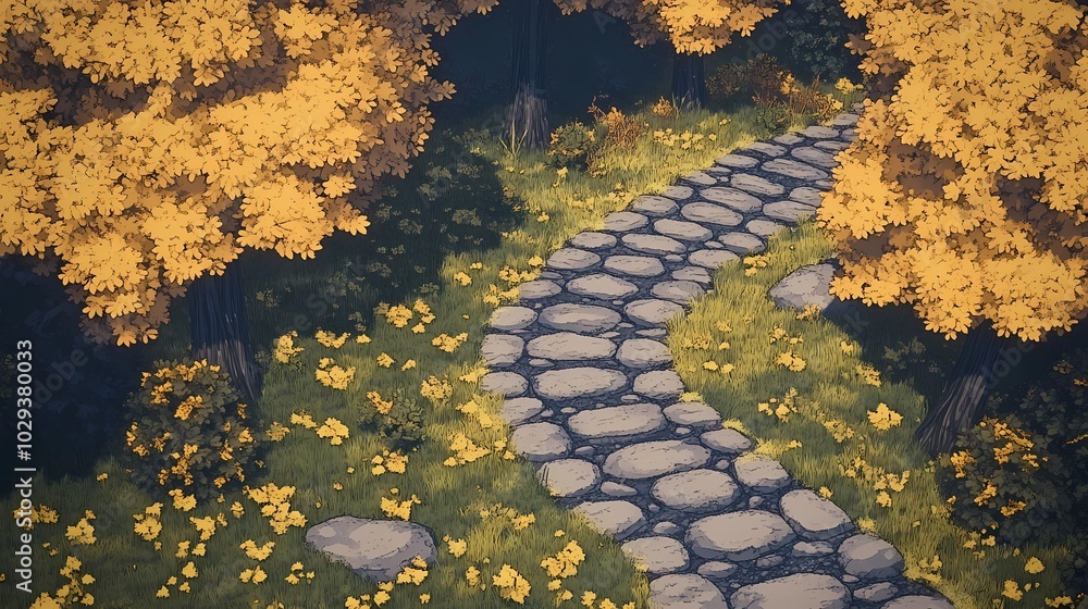 Path through an autumn park with golden leaves scattered on the ground, ideal for serene and calming seasonal landscape visuals. Path through an autumn park with golden leaves scattered on the ground, ideal for serene and calming seasonal landscape visuals.