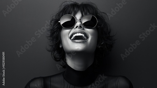 A joyful woman with short curly hair wearing stylish sunglasses smiles brightly against a dark background, capturing a moment of happiness