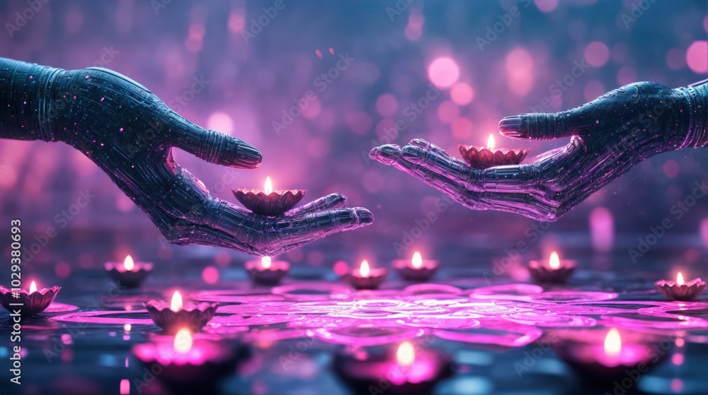 Two robotic hands exchanging lit diyas in a digital Diwali celebration