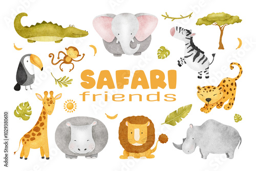 Canvas Print Safari animals set like hippo, lion, monkey, zebra, giraffe, crocodile, elephant,leopard, rhino, toucan