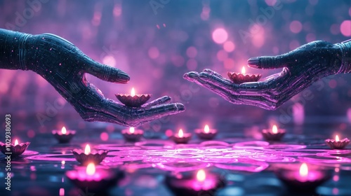 Obraz na płótnie Two robotic hands exchanging lit diyas in a digital Diwali celebration w salonie