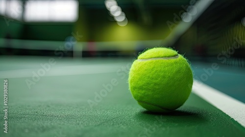 a green tennis ball on an indoor court