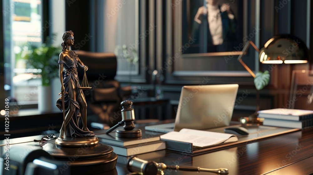 Obraz premium Lady Justice Statue on a Lawyer's Desk with Gavel and Books