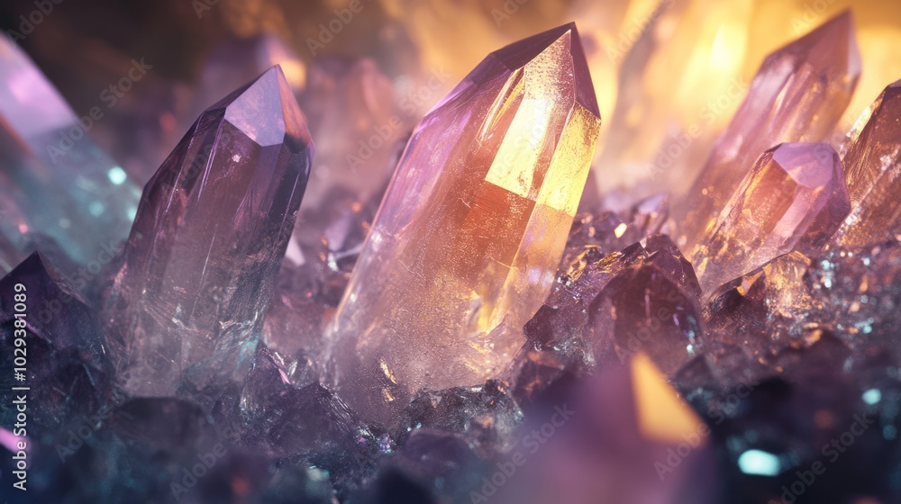 Shimmering Quartz Crystals with Warm Golden and Purple Lighting in a Close-Up Shot Shimmering Quartz Crystals with Warm Golden and Purple Lighting in a Close-Up Shot