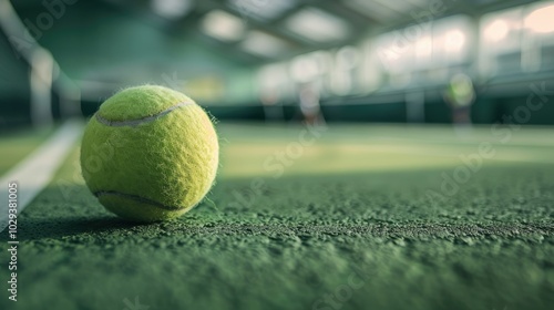 a tennis ball on a green court