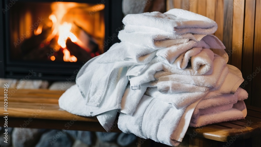 Naklejka premium Cozy Setting with Freshly Laundered Towels by the Fireplace
