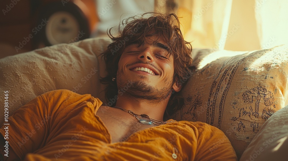Fototapeta premium Relaxed young man smiles warmly while lounging on a couch in a sunlit room, enjoying a peaceful moment of leisure