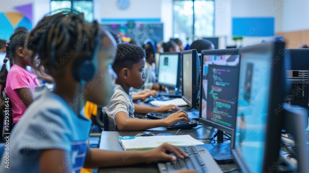 Students in a classroom learning coding on computers Students in a classroom learning coding on computers