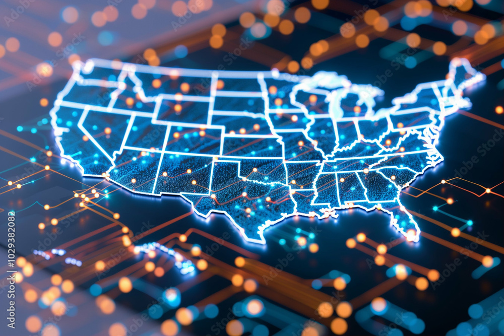 USA map with technology background showcasing digital connections and data visualizations USA map with technology background showcasing digital connections and data visualizations