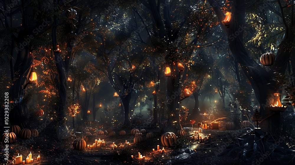 Black trees, dark forest, glowing pumpkins, candles on the ground, digital fantasy art. Black trees, dark forest, glowing pumpkins, candles on the ground, digital fantasy art.