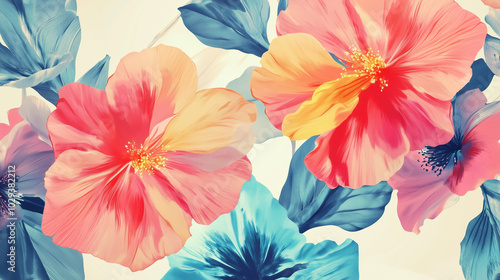 Wallpaper Mural Bright floral pattern featuring large flowers in shades of pink and yellow on a light background. Some flowers have blue leaves, adding contrast to the overall composition Torontodigital.ca