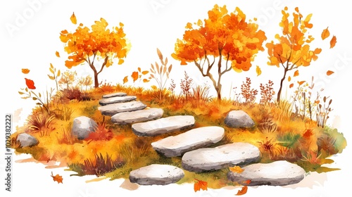 Winding trail in an autumn park, lined with vibrant fall leaves, perfect for peaceful and nostalgic seasonal stock images.