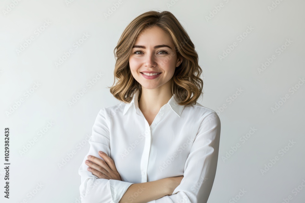 Confident woman in white shirt smiles with arms crossed, showcasing professionalism and positivity in a bright space. Confident woman in white shirt smiles with arms crossed, showcasing professionalism and positivity in a bright space.