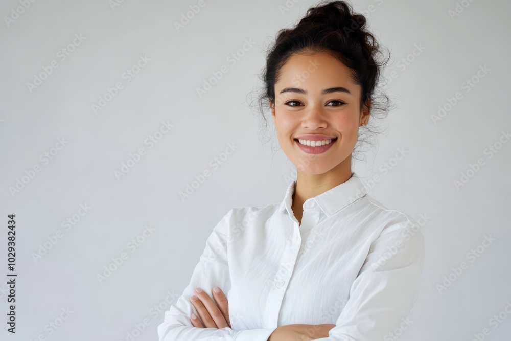 Confident young woman in white shirt smiling against a light background, representing success and professionalism. Confident young woman in white shirt smiling against a light background, representing success and professionalism.