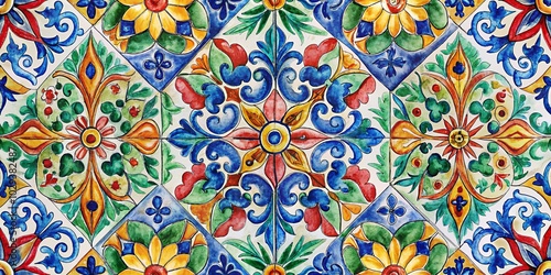 Hand-Drawn Watercolor Tile Ornament Surface Pattern for Seamless Textile Design