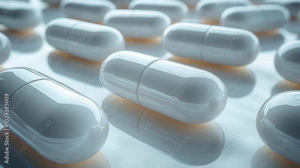 a cluster of white capsules neatly arranged on a sleek reflective surface showcasing their smooth design against a pristine white backdrop creating a clinical and modern look a cluster of white capsules neatly arranged on a sleek reflective surface showcasing their smooth design against a pristine white backdrop creating a clinical and modern look