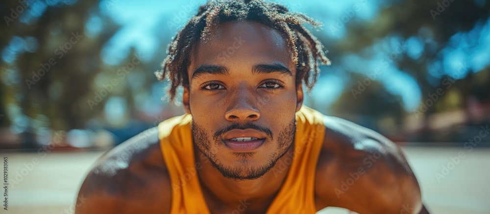 A focused athlete preparing for a sports activity outdoors. A focused athlete preparing for a sports activity outdoors.
