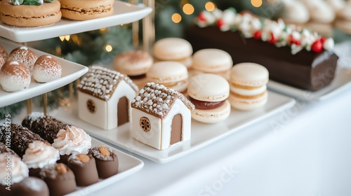 A festive spread of Christmas-themed desserts including gingerbread houses, macarons, and chocolate treats. photo