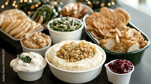 A festive spread of Thanksgiving dinner dishes, including mashed potatoes, stuffing, green beans, cranberry sauce, and bread.