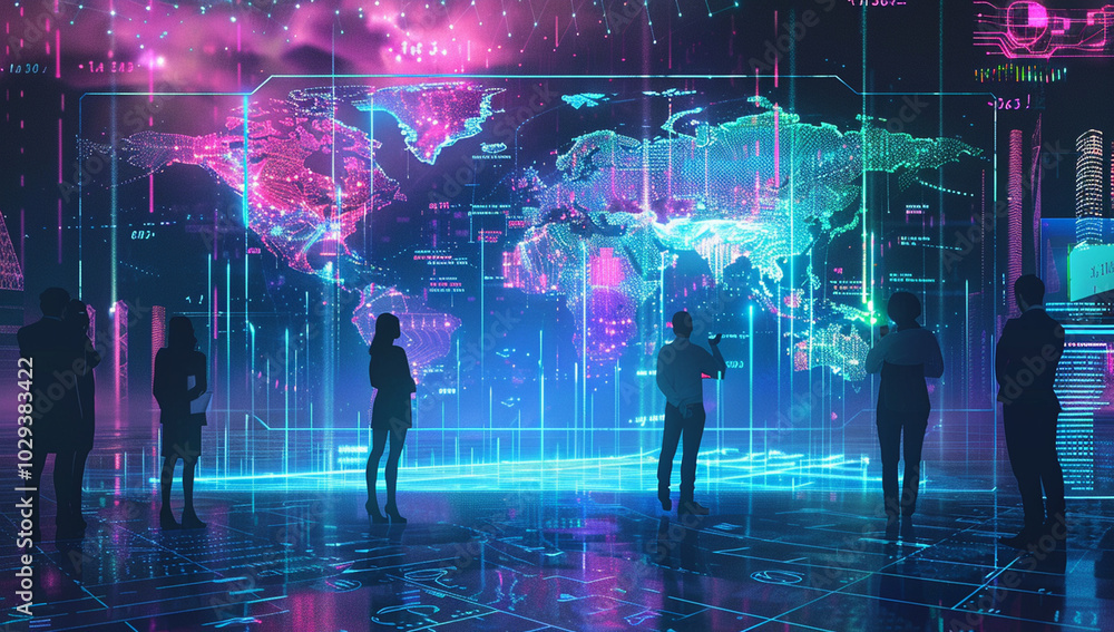 A group of professionals analyzing global data projections in a futuristic environment with holographic world maps and digital interfaces, representing advanced technology, big data, and global commun A group of professionals analyzing global data projections in a futuristic environment with holographic world maps and digital interfaces, representing advanced technology, big data, and global commun