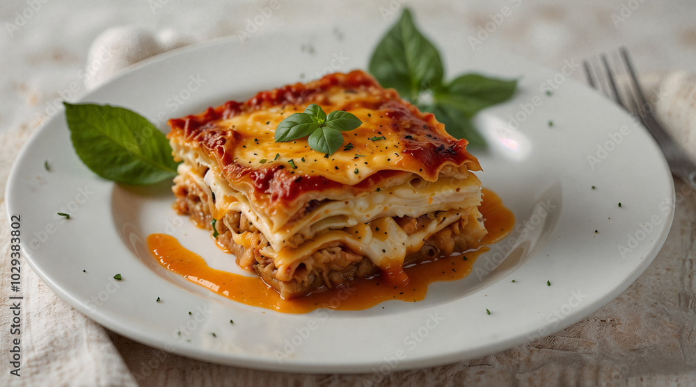 Delicious layered chicken lasagna garnished with basil on a white plate, food photography concept Delicious layered chicken lasagna garnished with basil on a white plate, food photography concept