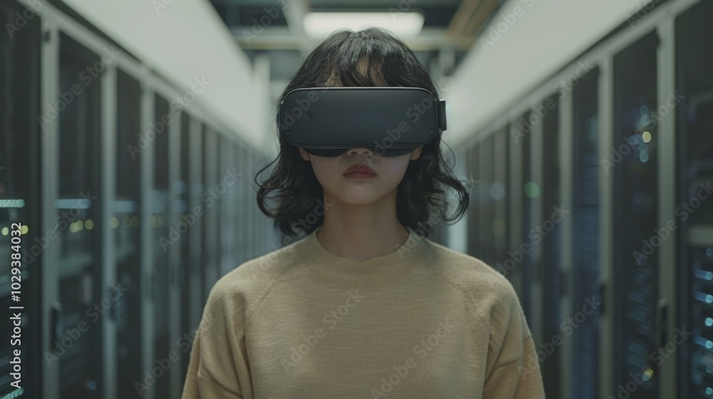 Young Asian woman wearing virtual reality headset stands confidently in server room, immersed in digital environment, controlling advanced technology, focused on virtual task. Young Asian woman wearing virtual reality headset stands confidently in server room, immersed in digital environment, controlling advanced technology, focused on virtual task.