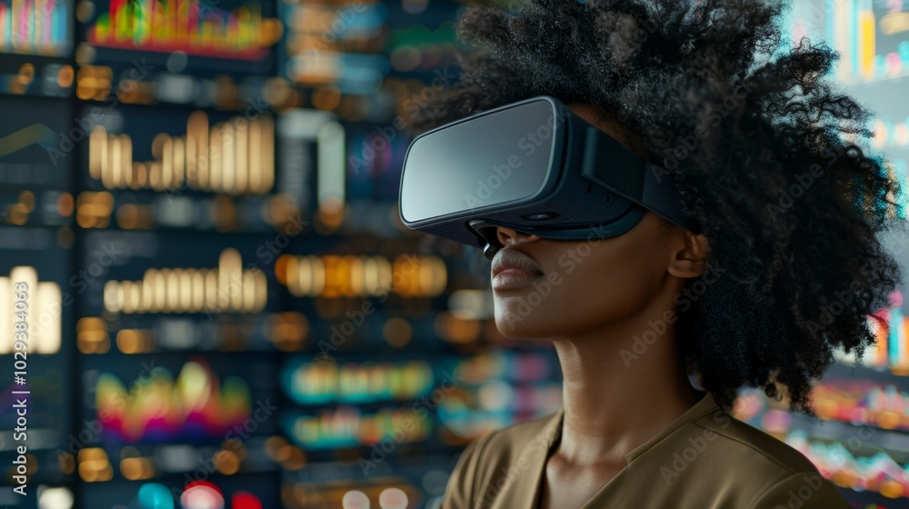 Young black woman wearing virtual reality headset, deeply focused ...