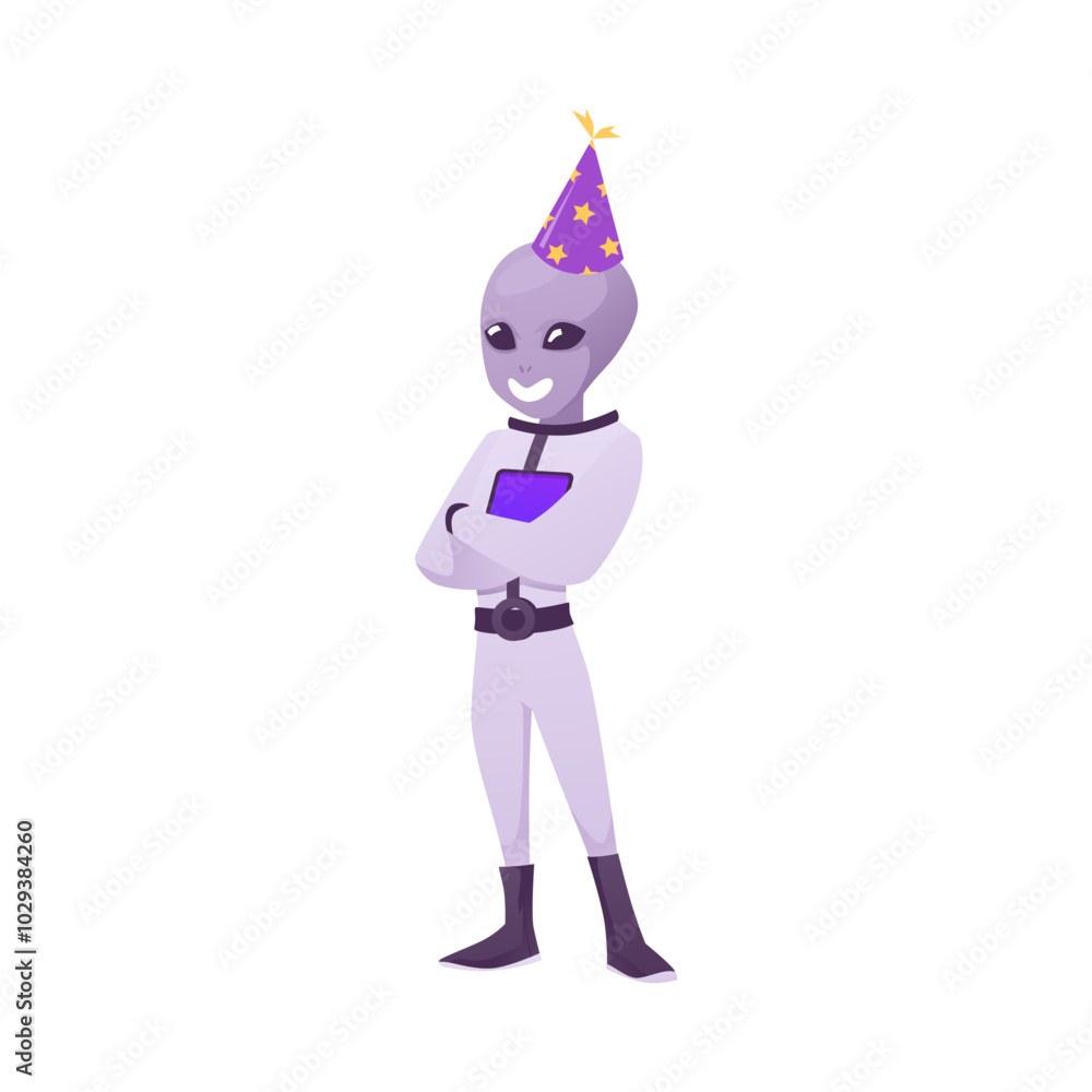 Friendly alien character in spacesuit and festive cone hat, vector cheerful humanoid, fantasy mutant astronaut UFO guest Friendly alien character in spacesuit and festive cone hat, vector cheerful humanoid, fantasy mutant astronaut UFO guest