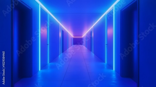 A long corridor with blue neon lights, a minimalist style, a concrete floor and walls, a symmetrical composition