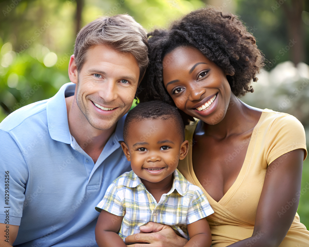 A smiling family of a man, a woman and a child