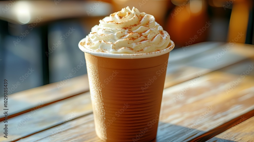 Close-up of a hot pumpkin spice latte with whipped cream on a wooden table. Close-up of a hot pumpkin spice latte with whipped cream on a wooden table.