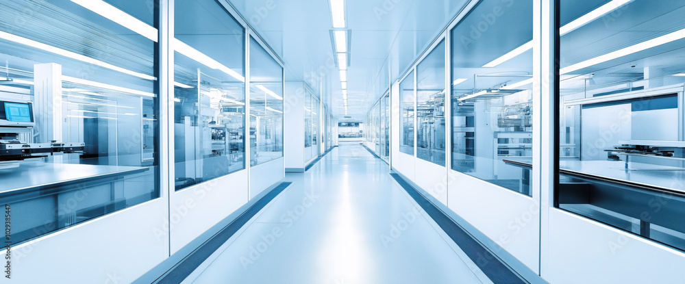 Modern research lab or future factory, with cabinets, machines and displays. Generative AI